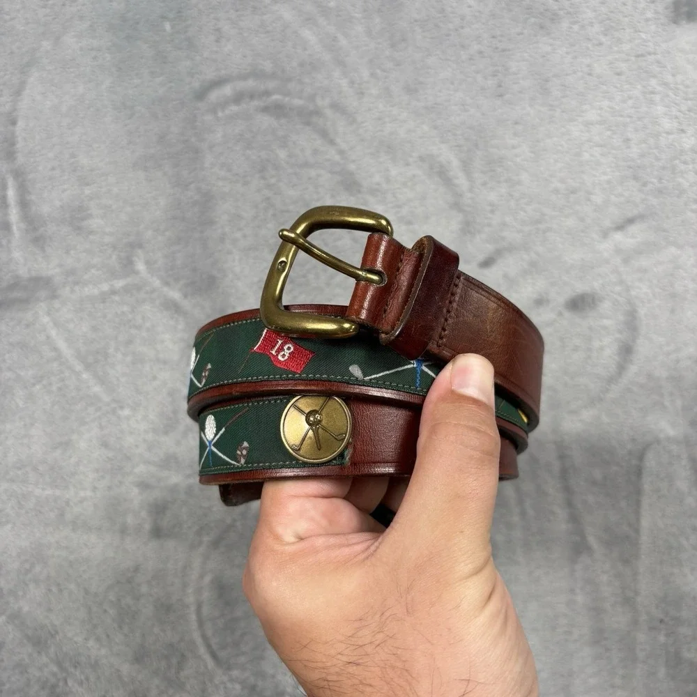 Vintage Trafalgar Men's Brown Leather Belt Size 36 Brass Buckle Golf 18 Hole